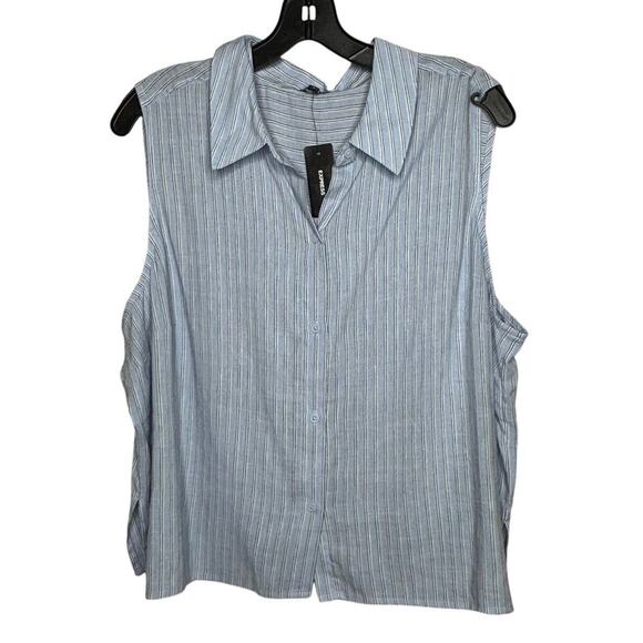 Express Blue & White Striped Linen Blend Sleeveless Button Up Top Size XL New - Picture 1 of 10